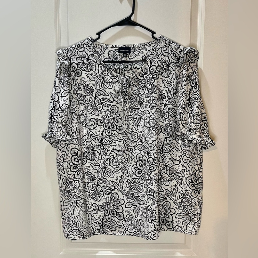 Who What Wear Black and White Blouse Tie Front Smocked Peplum Sleeves Size XXL